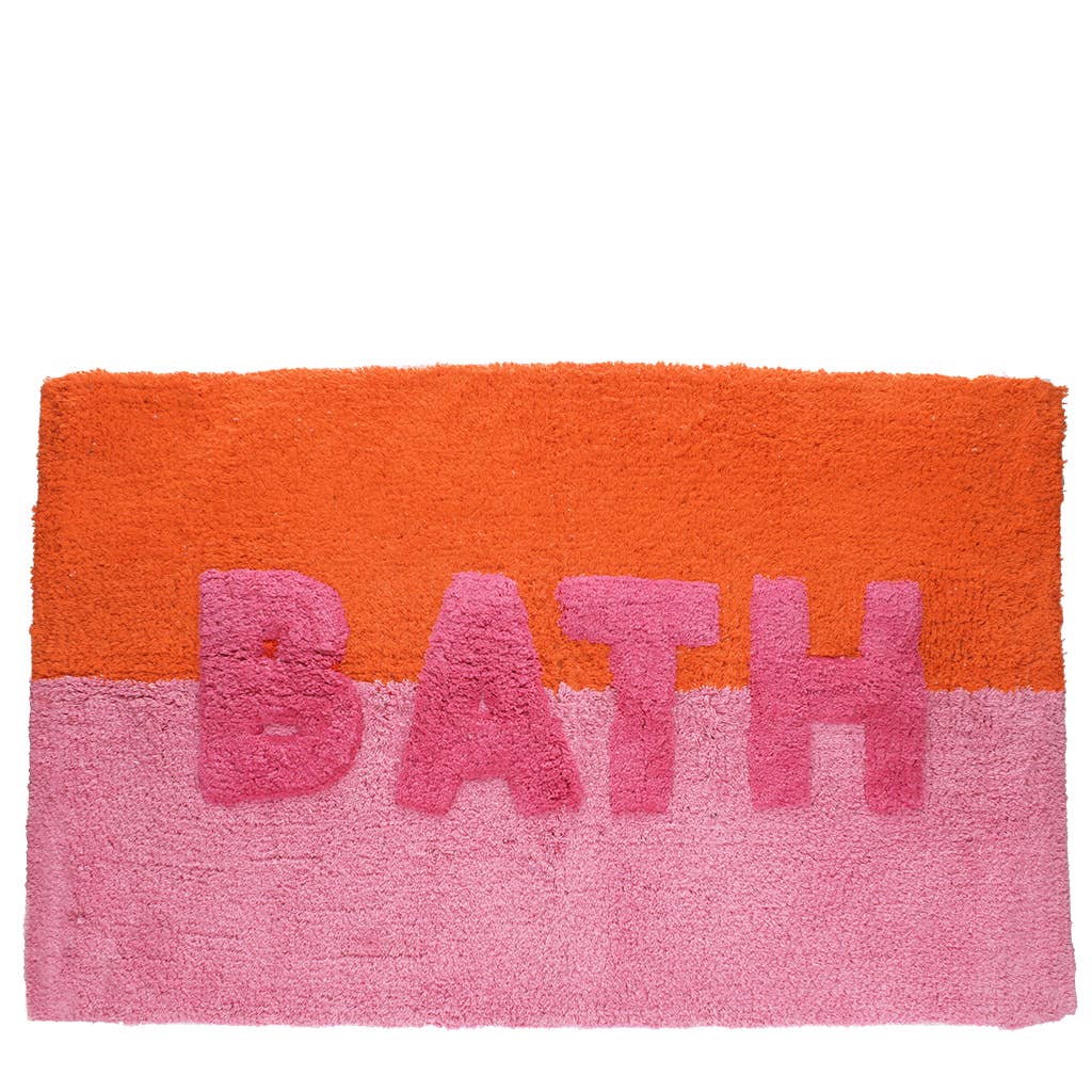 Tufted cotton bath mat - 'BATH' orange and pink