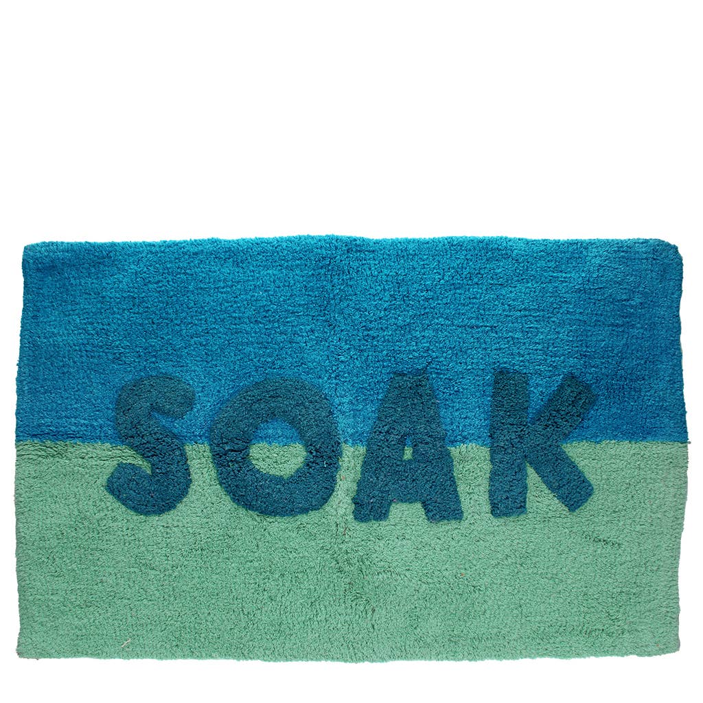 Tufted cotton bath mat - 'SOAK' blue and teal