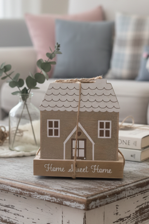 Gorgeous set of 4 cottage home house shaped wooden coasters in stand