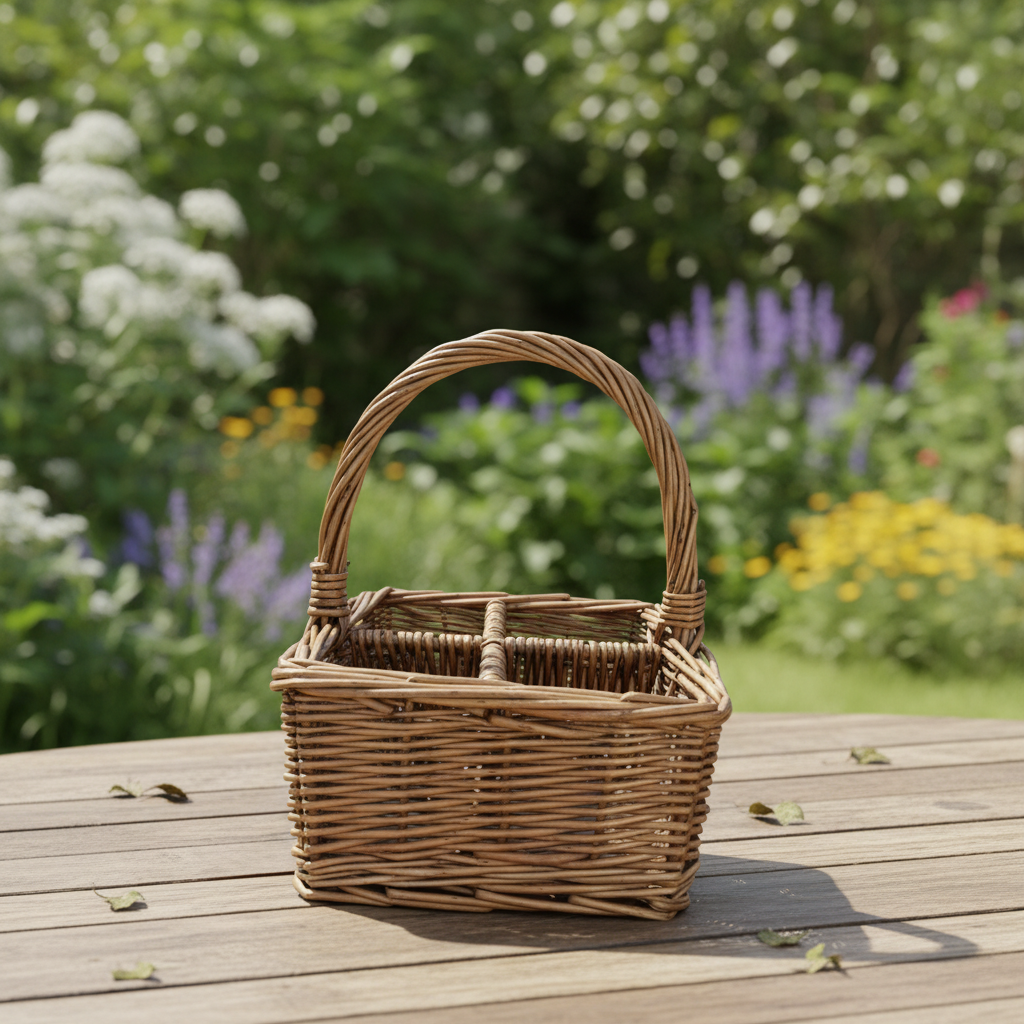 Gorgeous antique wash wicker cutlery and condiments basket caddy