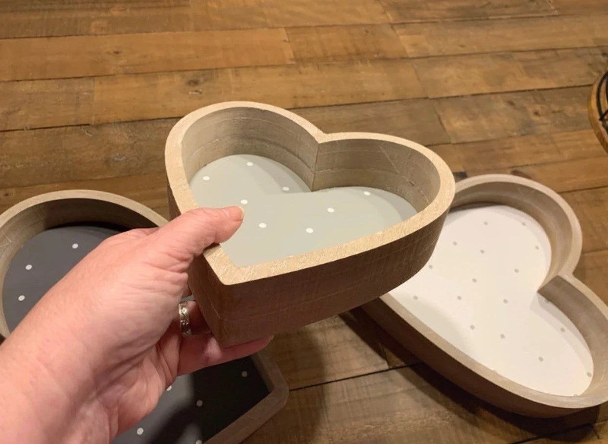 Set of 3 wooden shabby chic polka dot heart shaped trays