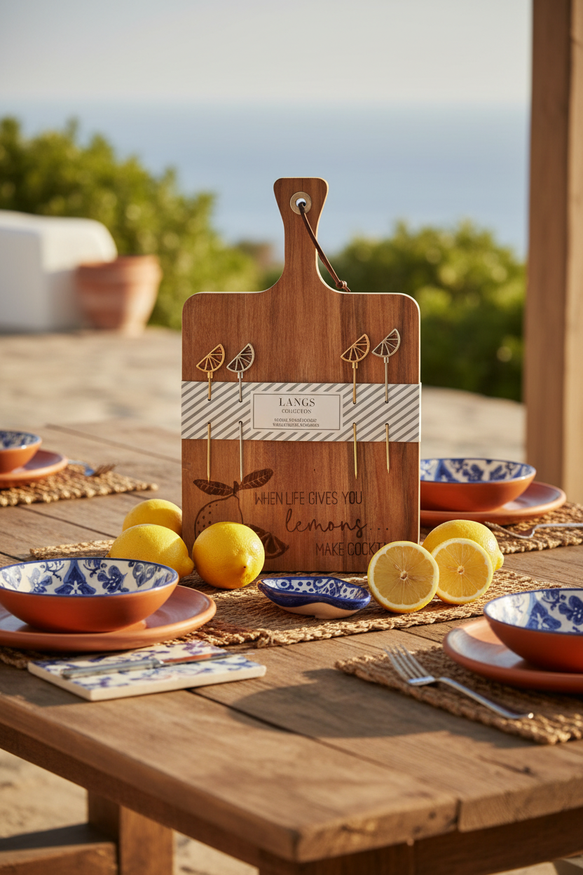 Gorgeous engraved acacia chopping board with lemon picks ‘when life gives you lemons make cocktails'