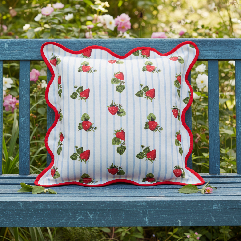 Fruits - Strawberries Striped Outdoor Cushion Blue - Cover Only 45 x 45cm