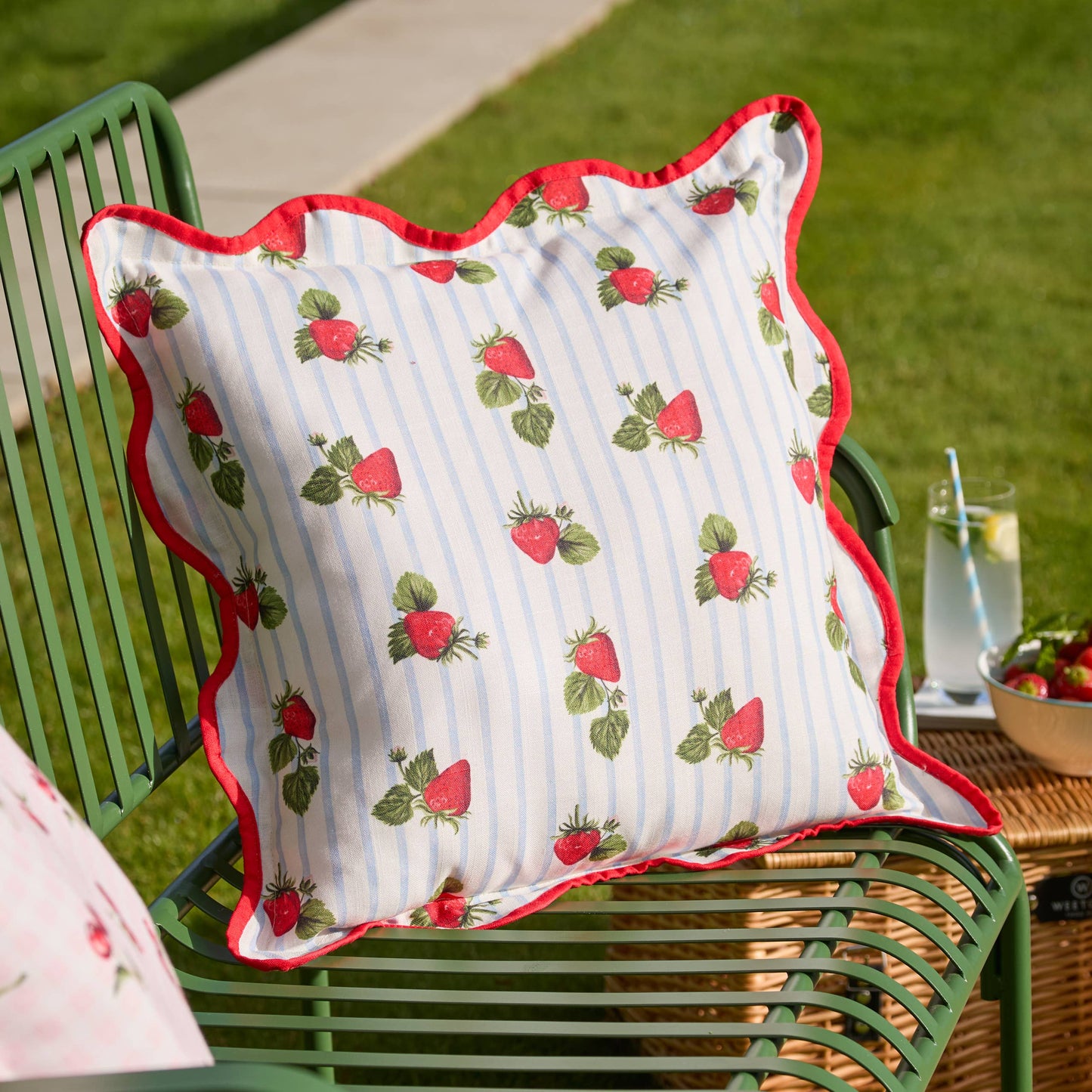 Fruits - Strawberries Striped Outdoor Cushion Blue - Cover Only               45 x 45cm