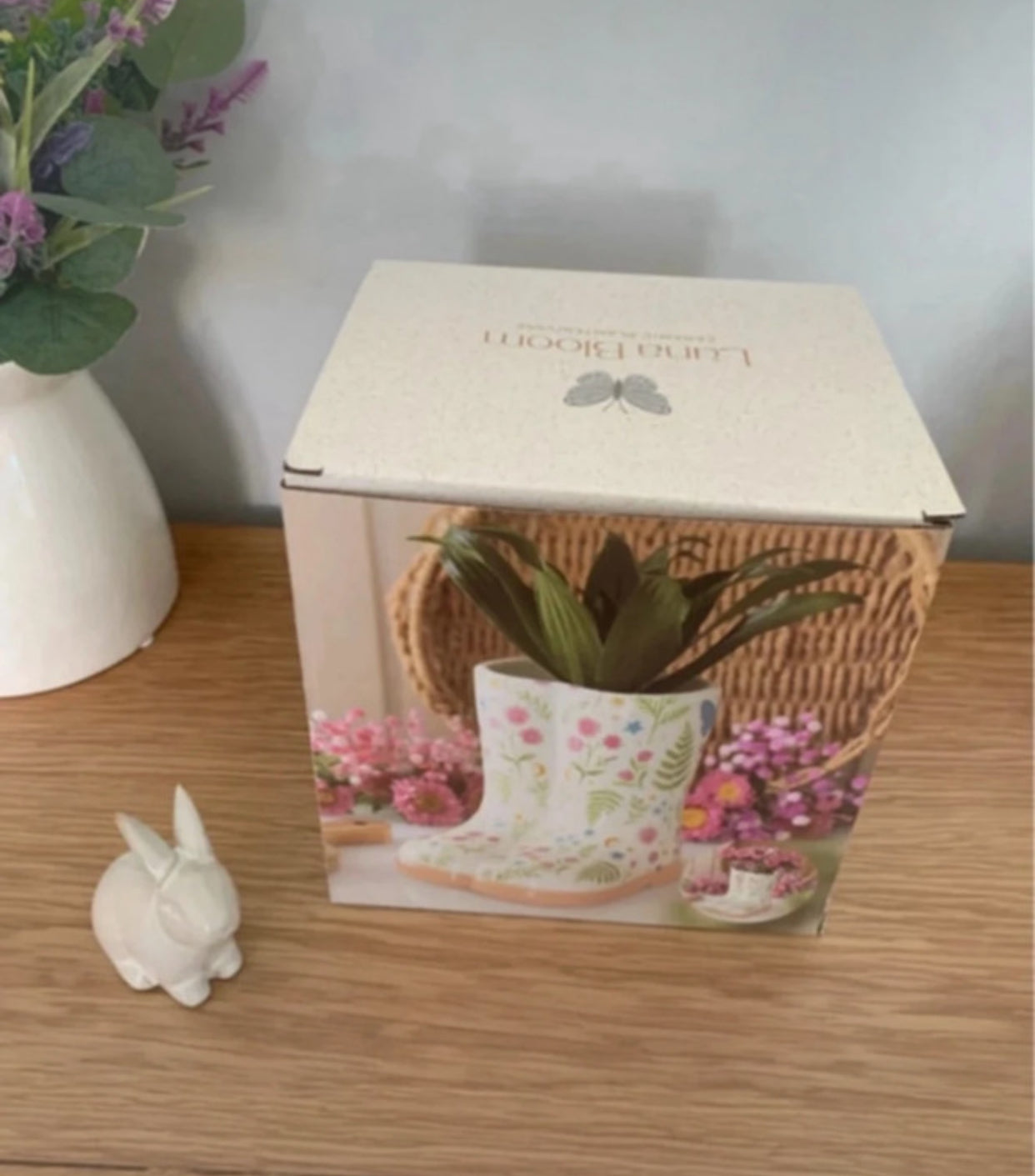 Gorgeous floral planter shaped like a pair of wellies, designed by Luna bloom. With gift box.
