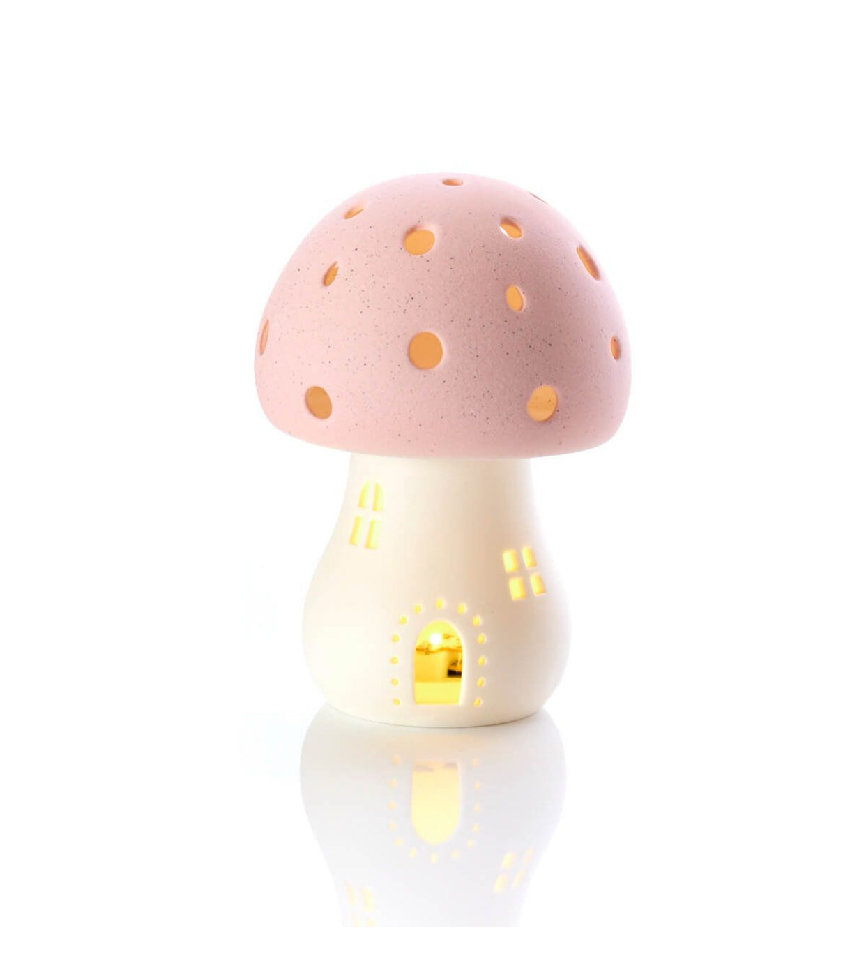 PORCELAIN PINK TOADSTOOL FAIRY HOUSE WITH LED LIGHT