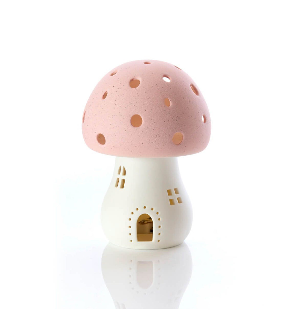 PORCELAIN PINK TOADSTOOL FAIRY HOUSE WITH LED LIGHT