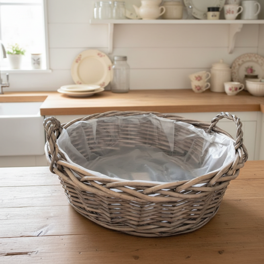 Large round antique wash wicker willow basket vegetable tray with thick plastic lining.