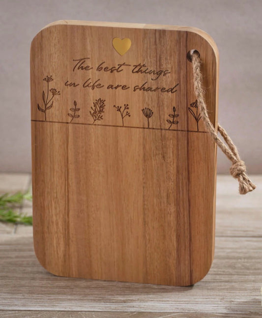Gorgeous engraved Rectangular acacia wood chopping board with inlay brass heart