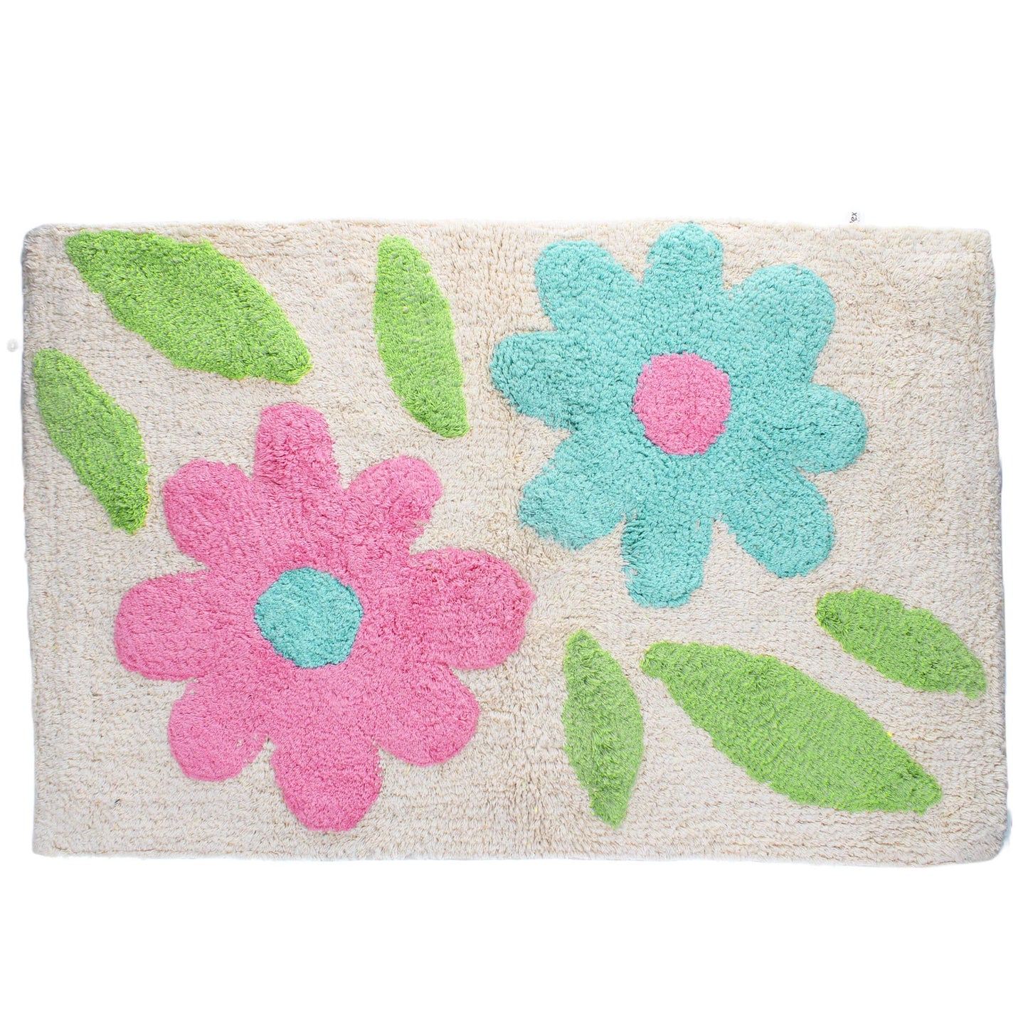 Tufted Cotton Bath Mat - Green And Pink Flowers