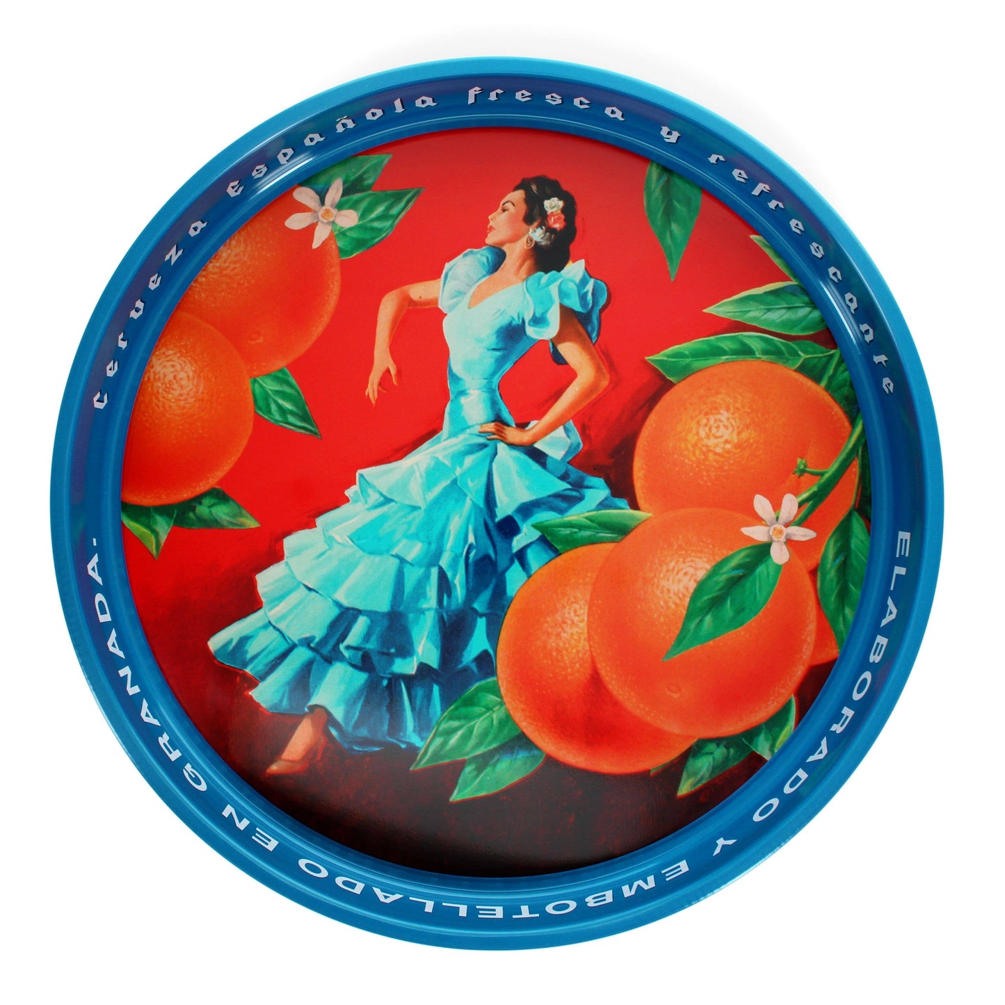 Round Metal Serving Tray & set of 4 metal coasters in tin  - Cerveza Española