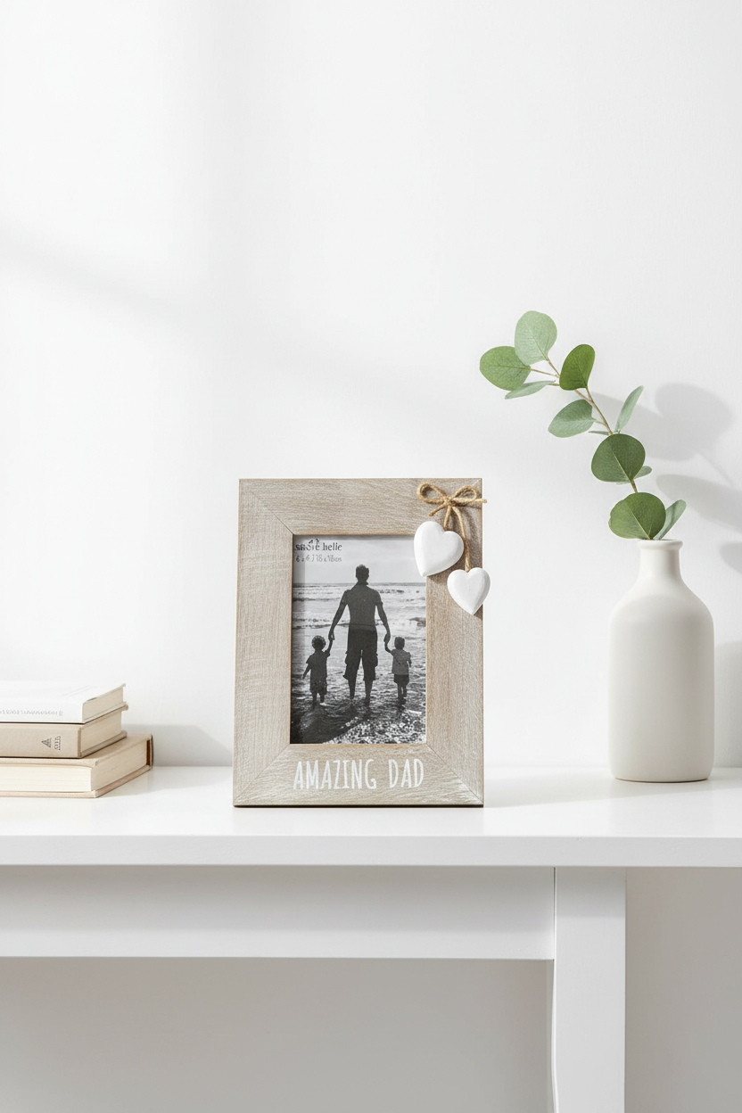 Shabby chic single ‘Amazing Dad’ photo frame with double heart detail