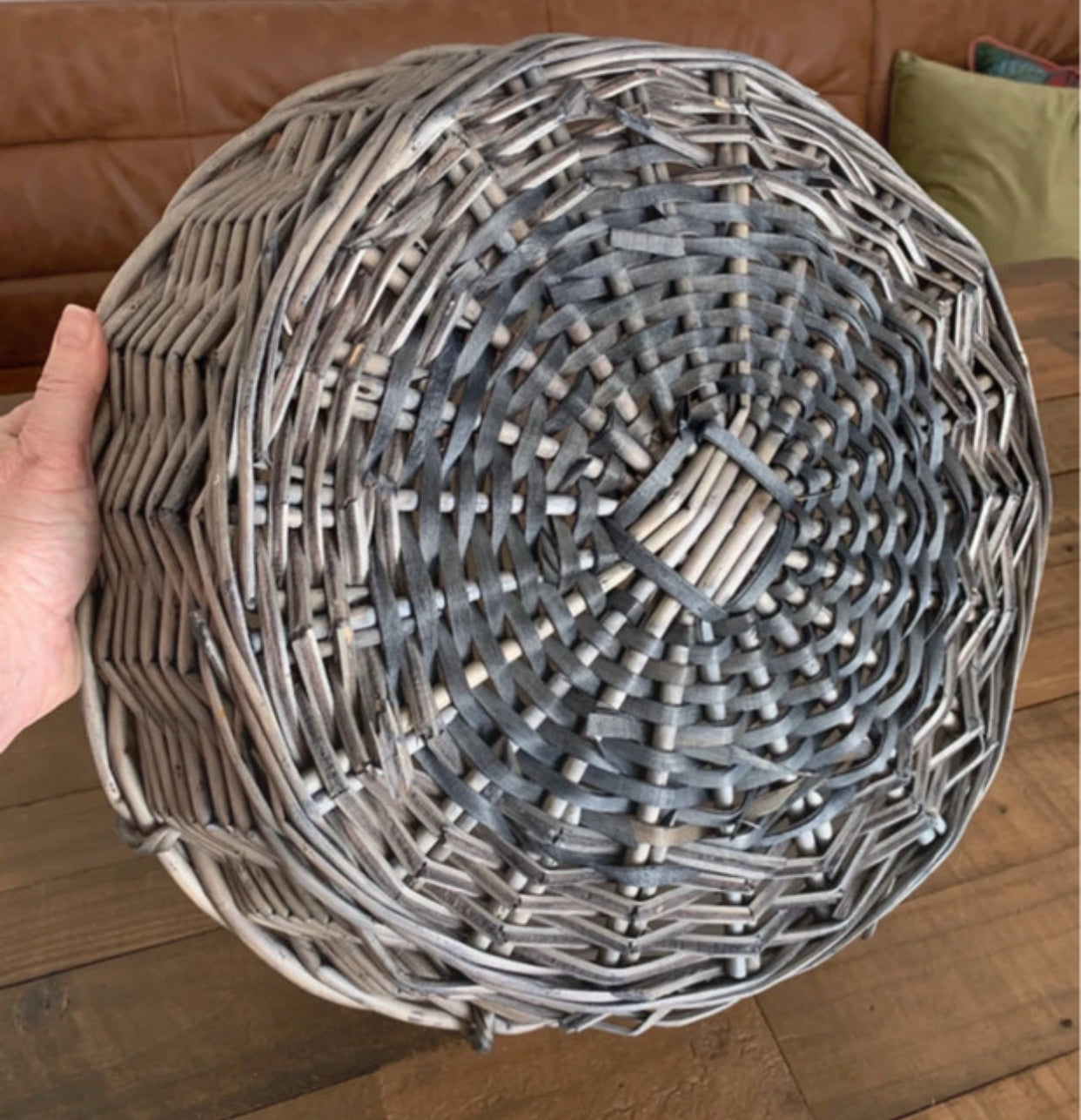 Large round antique wash wicker willow basket vegetable tray with thick plastic lining.
