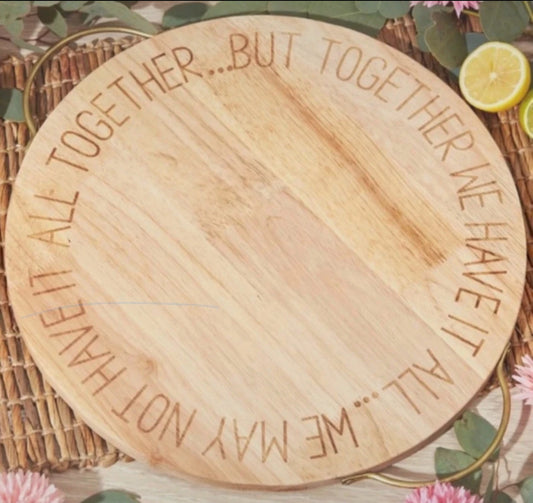 Gorgeous extra large round acacia charcuterie, pizza, serving board with 2 brass handles