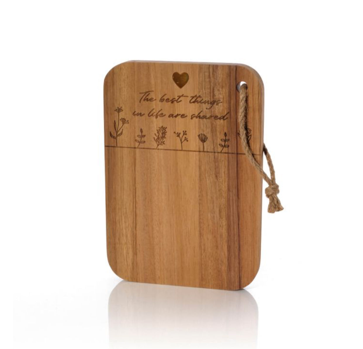 Gorgeous engraved Rectangular acacia wood chopping board with inlay brass heart
