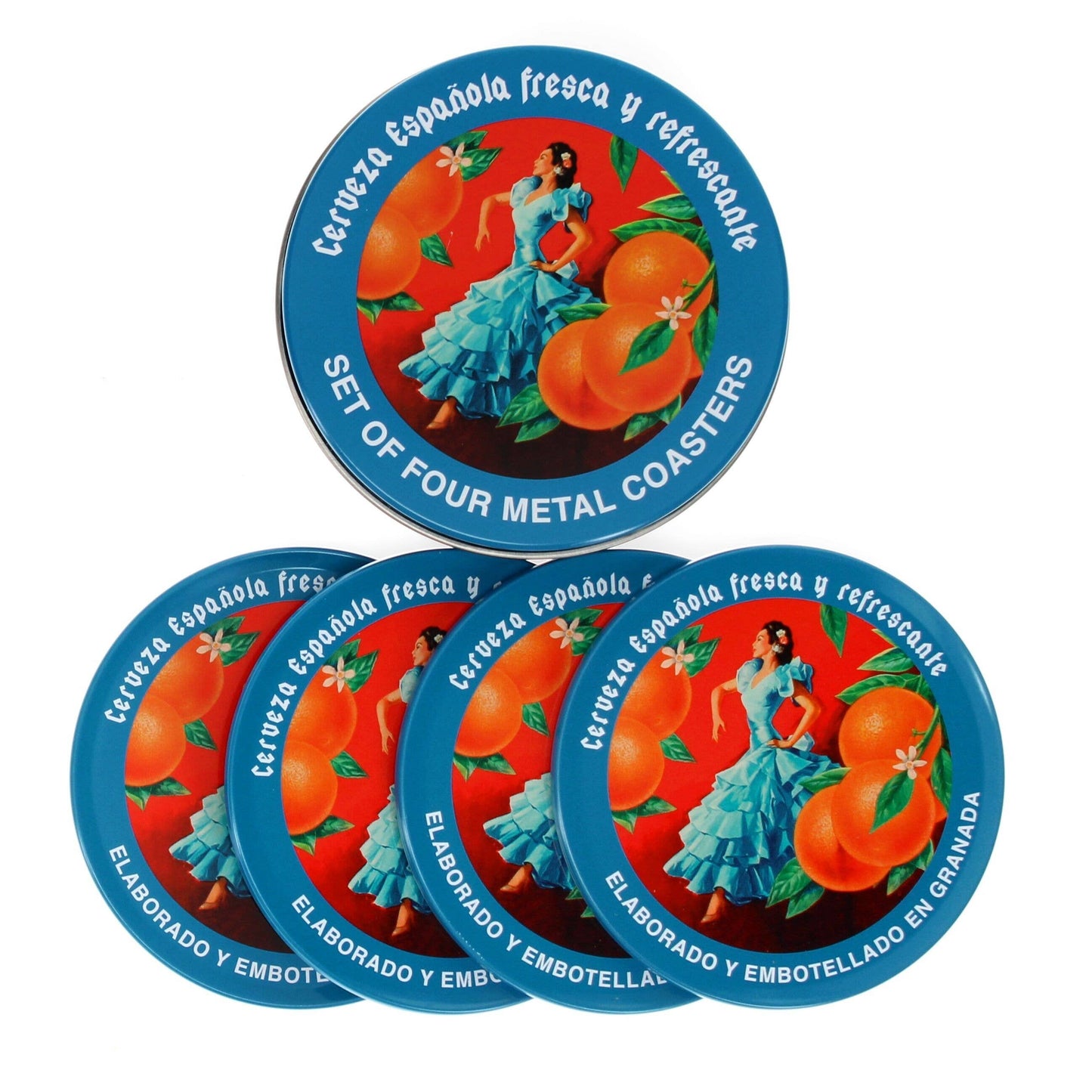 Round Metal Serving Tray & set of 4 metal coasters in tin  - Cerveza Española