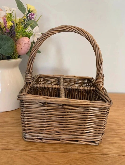 Gorgeous antique wash wicker cutlery and condiments basket caddy