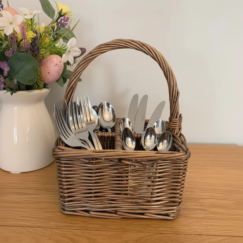 Gorgeous antique wash wicker cutlery and condiments basket caddy