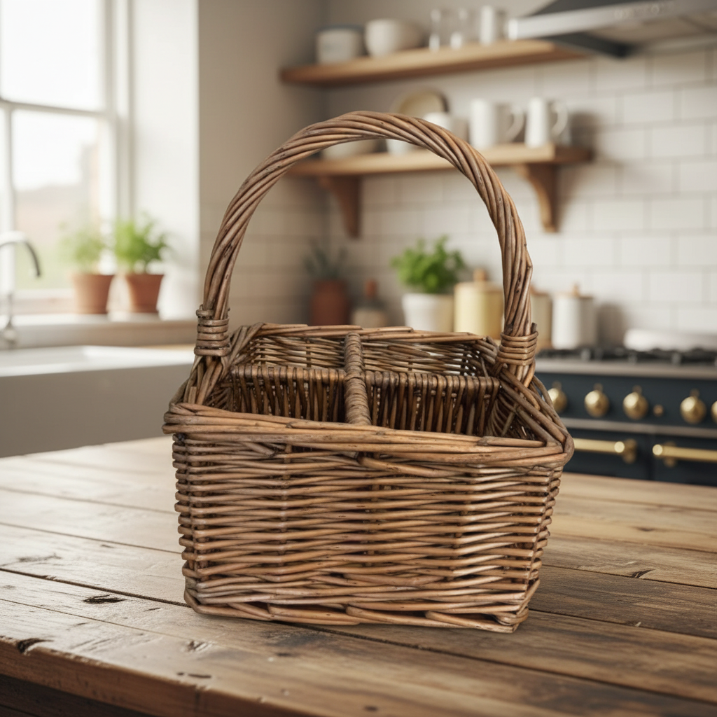 Gorgeous antique wash wicker cutlery and condiments basket caddy
