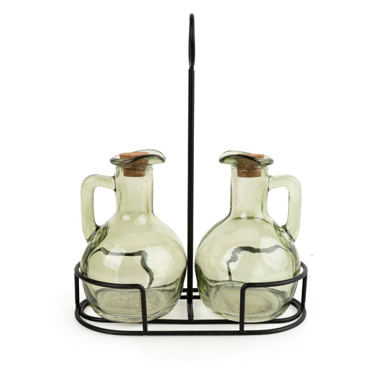 Set of 2 Oil Bottles on Stand - Green