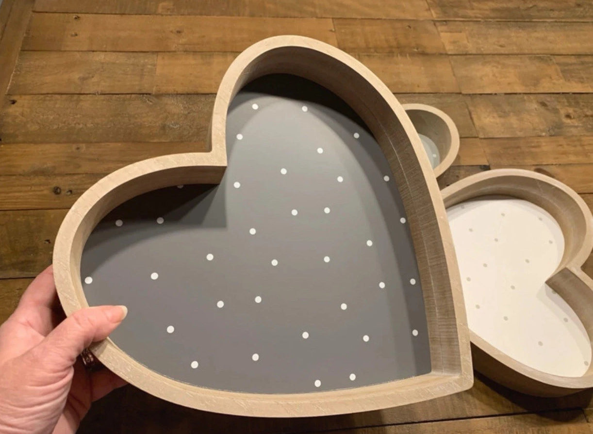 Set of 3 wooden shabby chic polka dot heart shaped trays