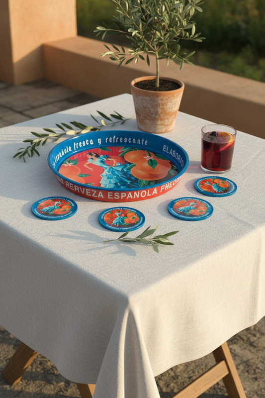 Round Metal Serving Tray & set of 4 metal coasters in tin  - Cerveza Española