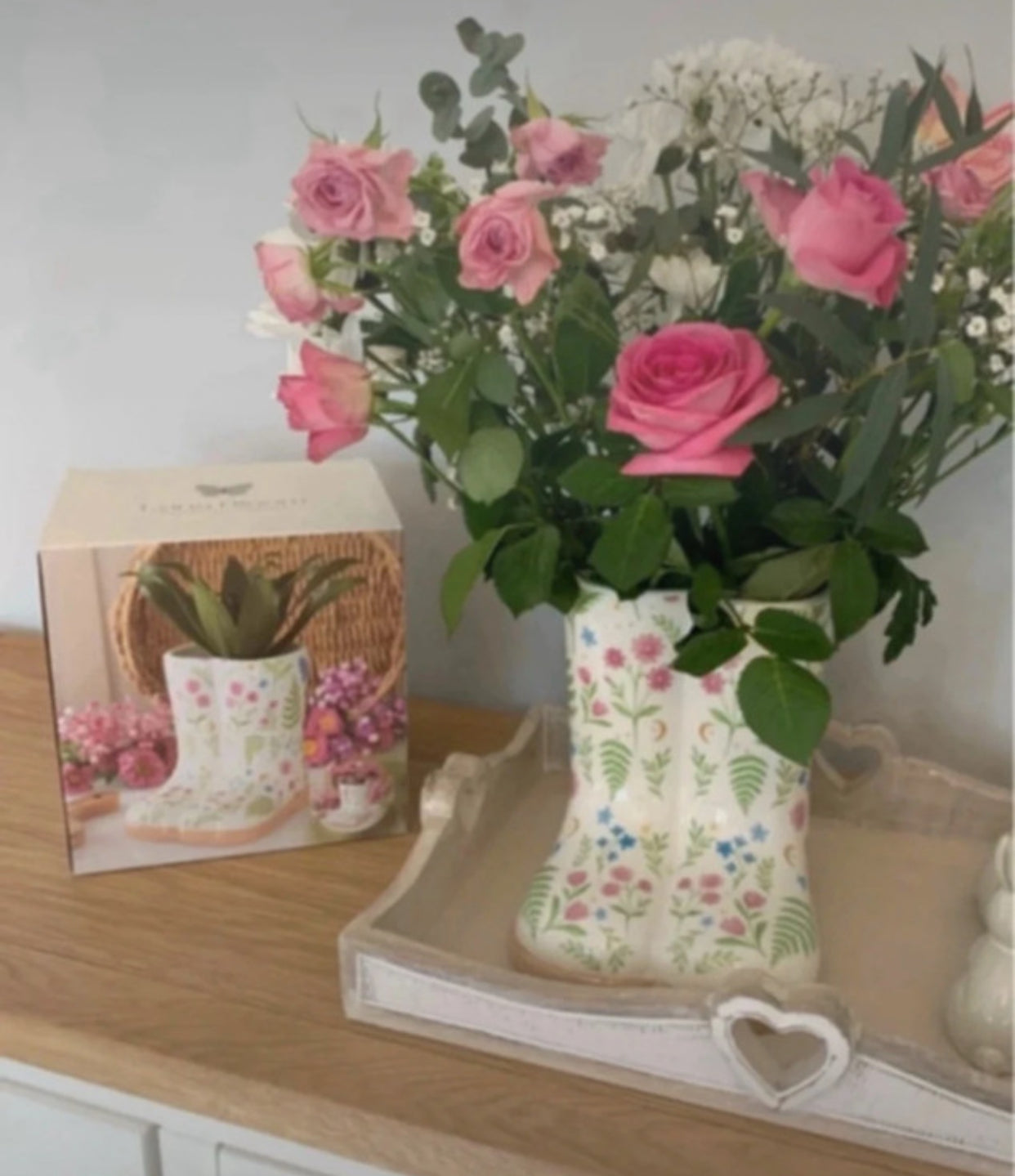 Gorgeous floral planter shaped like a pair of wellies, designed by Luna bloom. With gift box.