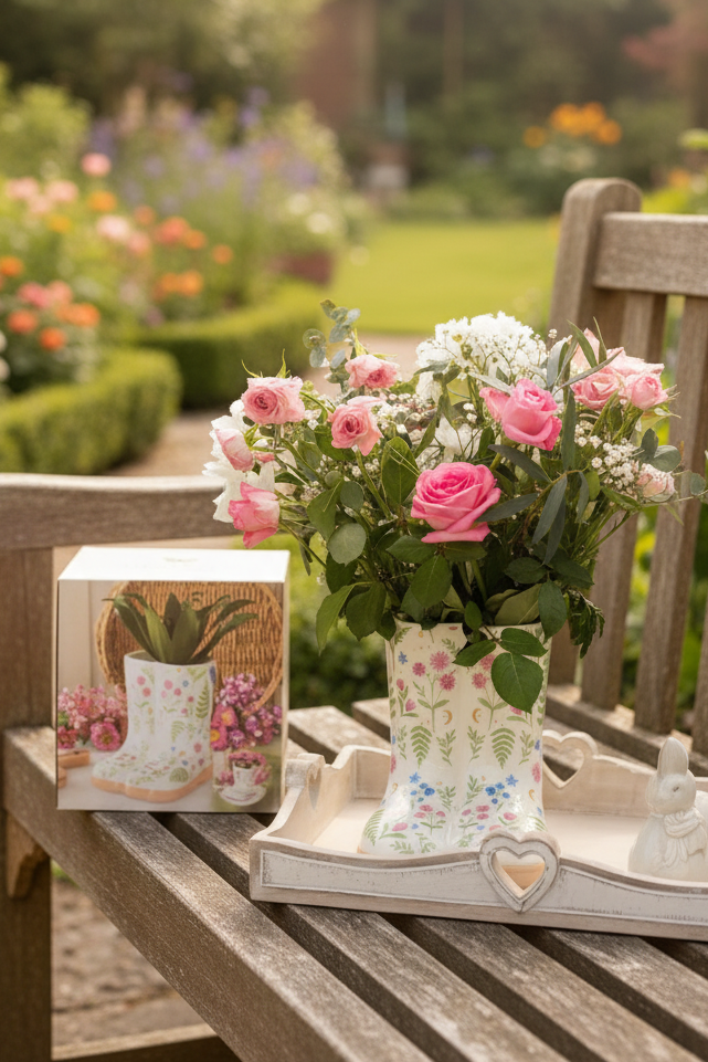 Gorgeous floral planter shaped like a pair of wellies, designed by Luna bloom. With gift box.