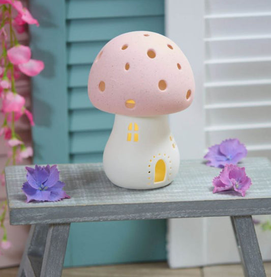 PORCELAIN PINK TOADSTOOL FAIRY HOUSE WITH LED LIGHT