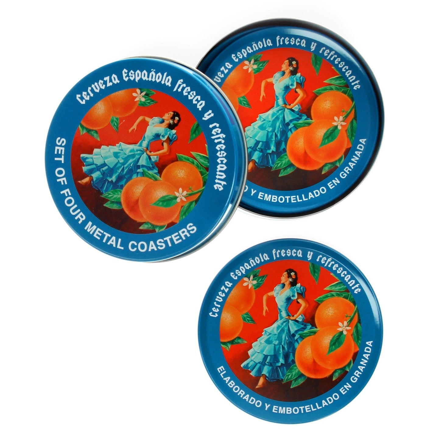 Round Metal Serving Tray & set of 4 metal coasters in tin  - Cerveza Española