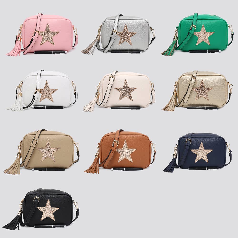 Premium Vegan Leather Camera Star Crossbody Bag #JNY3435AW26: SILVER
