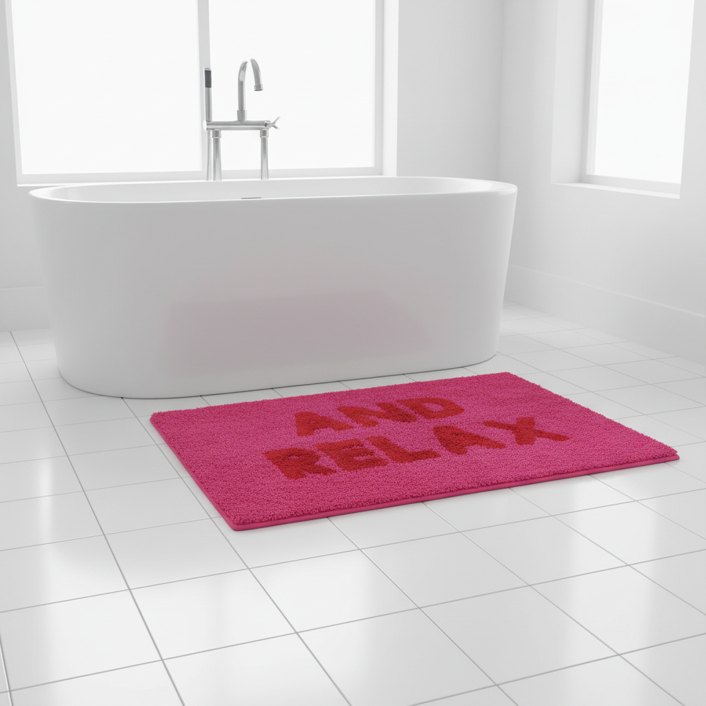 Tufted Cotton Bath Mat - 'And Relax' Pink