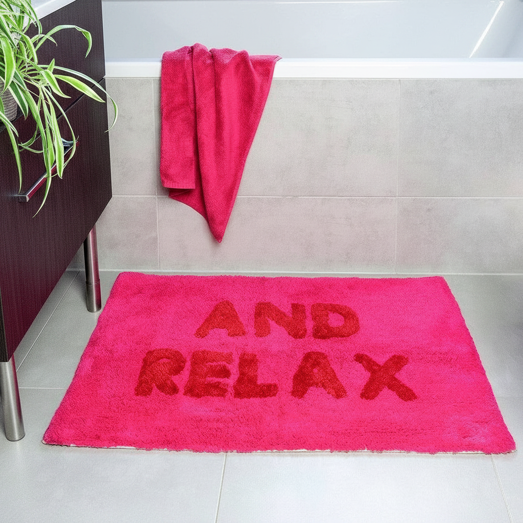 Tufted Cotton Bath Mat - 'And Relax' Pink