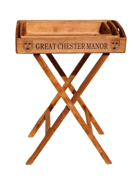 Set of 3 Antique Wooden "Great Chester Manor" Trays on Stand