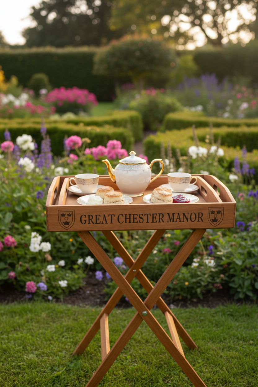 Set of 3 Antique Wooden "Great Chester Manor" Trays on Stand
