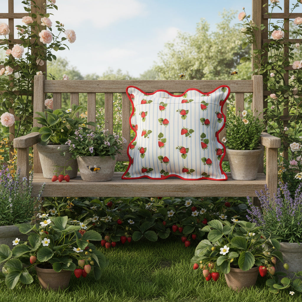 Fruits - Strawberries Striped Outdoor Cushion Blue - Cover Only               45 x 45cm